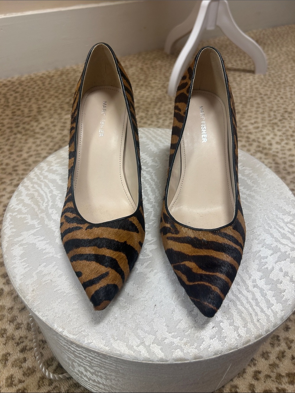 Marc Fisher Tiger-Print Pointed Pumps in Brown and Black